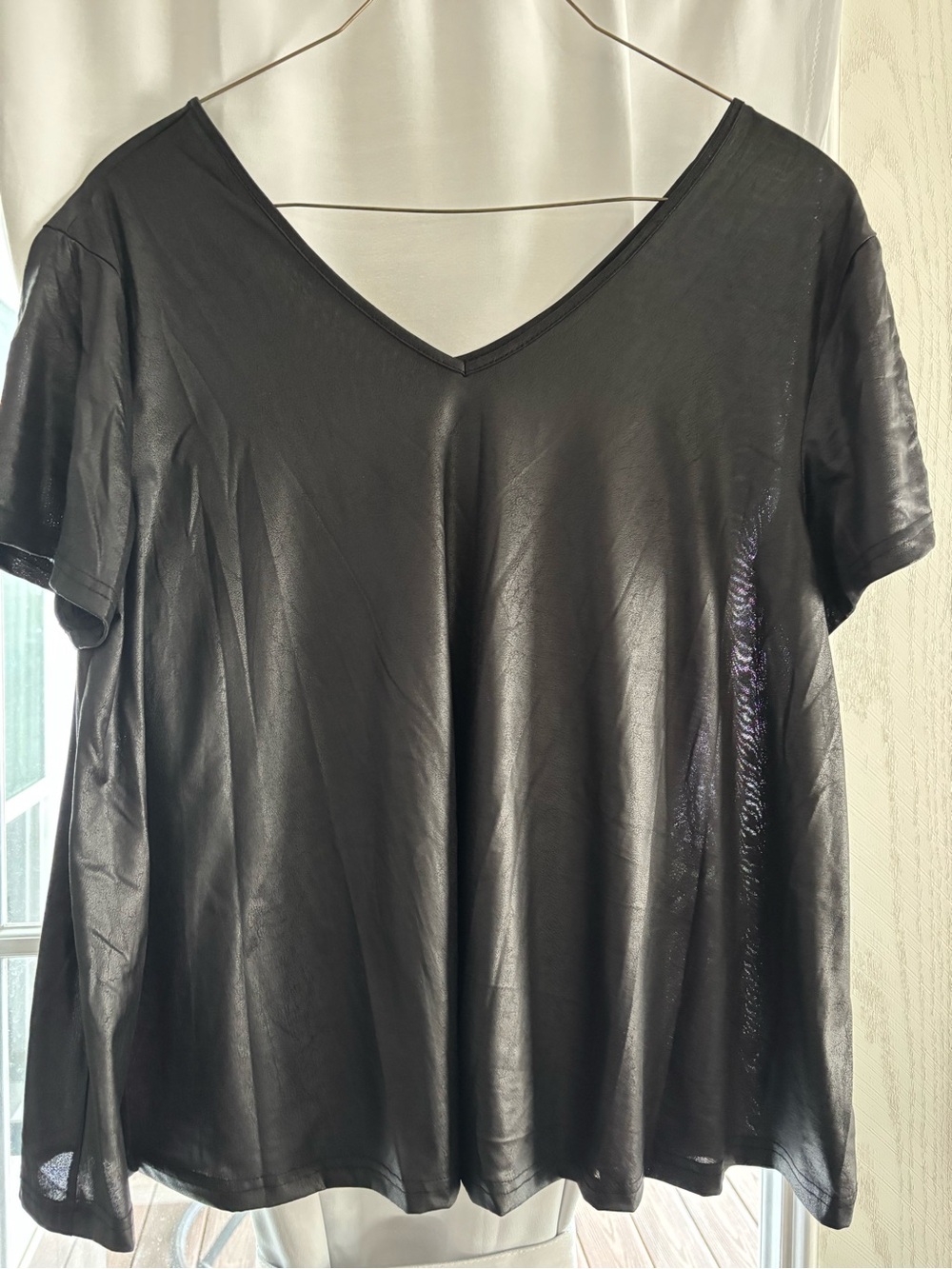 Crazy Train Black V-Neck Short Sleeve Top leather look